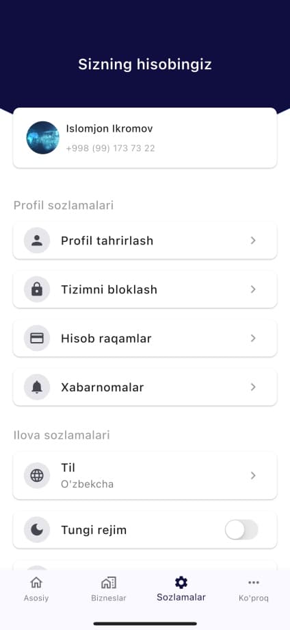 Настройки аккаунта в мобильном приложении Kissa Finance