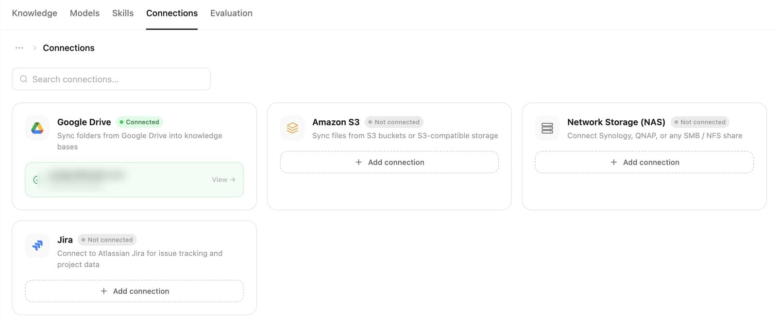 Google Drive, Amazon S3, tarmoq xotirasi va Jira ro‘yxati ko‘rsatilgan ulanishlar ekrani